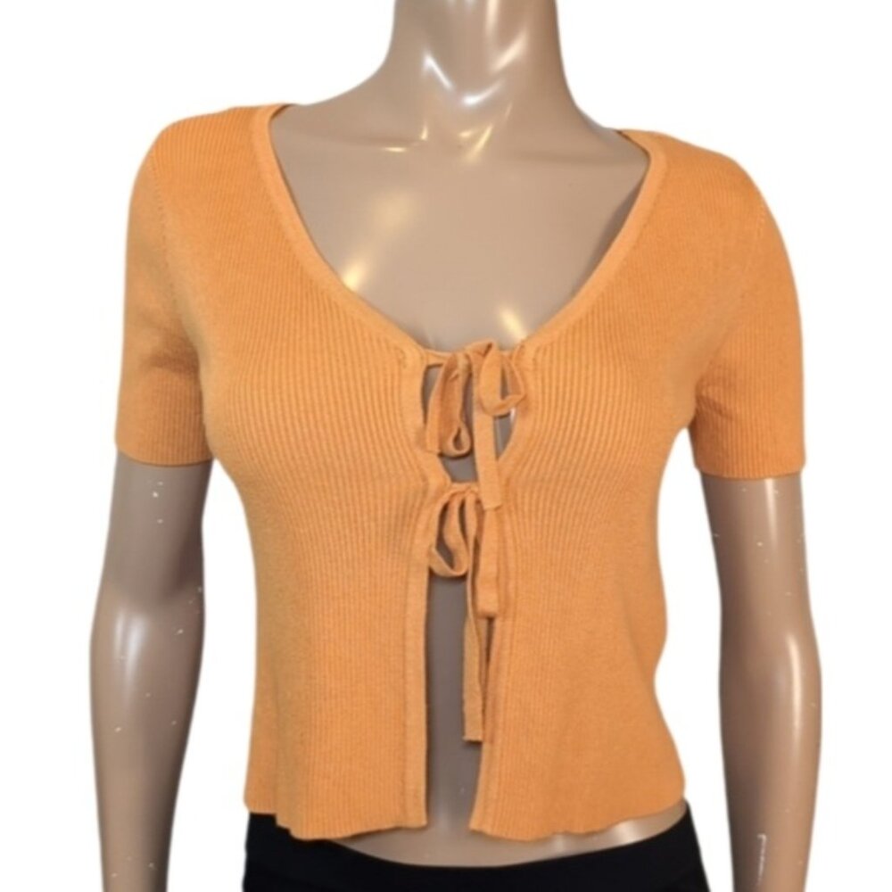 Twik Apricot Tie Front Cardigan Womens Size Small Short Sleeve Ribbed Knit